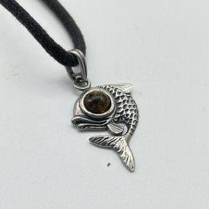 Black Cord Necklace with Silver Tone Fish Charm Large Faux Tiger Eye Eyeball